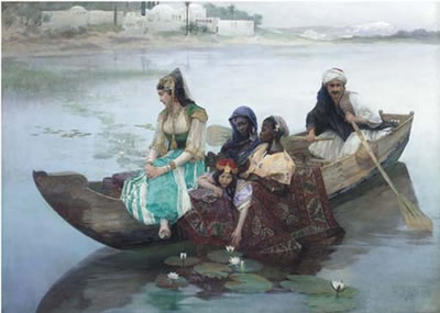 Ferdinand Max Bredt : An oriental noblewoman and her entourage on a barge