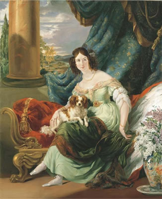 George Hayter : Portrait of Charlotte, Countess de la Bourdonnaye (1795-1875), full-length, in a green dress, seated on a day bed on a terrace, a dog on her lap, before a draped curtain, with an extensive landscape beyond