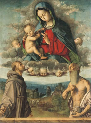 Francesco Zaganelli : The Madonna and Child appearing to Saints Francis of Assisi and Jerome