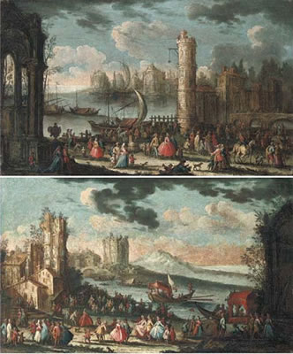 Gherardo Poli : A capriccio of a Mediterranean port with stevedores unloading cargo from a ship and elegant townsfolk promenading; and A capriccio of a Mediterranean coastal town with elegant townsfolk and passengers in a barge; a pair (2)