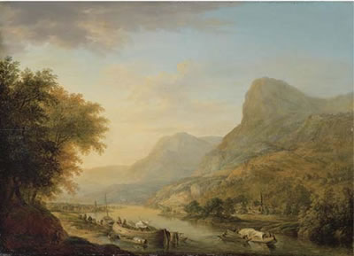 Christian Georg I Schutz : A mountainous river landscape with a town beyond