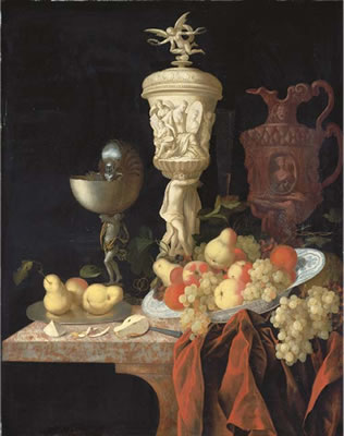 Georg Hainz : A nautilus cup, a sculpted marble urn, a sculpted porphyry jug and other vessels with oranges, apples, pears and grapes in a blue and white porcelain bowl on a partly-draped marble ledge