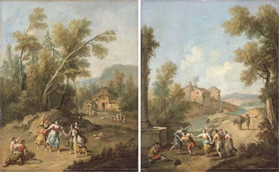 Giuseppe Zais : An Italianate wooded landscape with young peasant women playing blind-man's-buff; and An Italianate river landscape with peasants making music and dancing (pair)