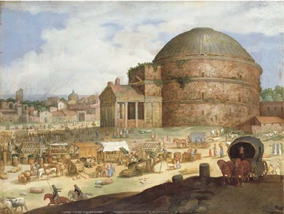 Willem Van Nieulandt II : A view of the Pantheon, Rome, with townsfolk at a market