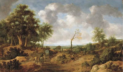 Pieter Molyn : A wooded landscape with travellers in wagons on a path