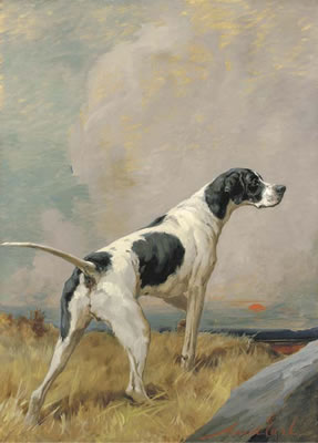 Maud Earl : A pointer in a landscape at sunset