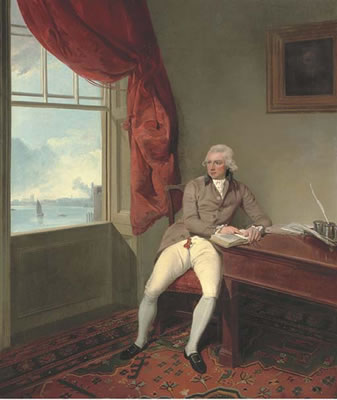 Francis Wheatley : Portrait of Richard Ironmonger Troward (1751-1815), small full-length, seated at a table in his office, 22 Norfolk Street, the Strand, in coat and breeches with his hands resting on an open book, a view of the Thames through a window beyond