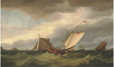 Thomas Whitcombe : The Guernsey Packet beating out of St. Helier in a heavy swell, with Elizabeth Castle off her port beam, 1785