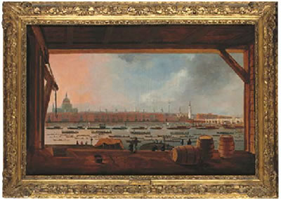 Daniel Turner : View of Horatio Nelson's funeral procession on the River Thames, from a storehouse on the River, passing under London Bridge and before St. Paul's Cathedral