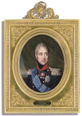 Daniel Saint : King Charles X of France (1757-1836) in red-piped blue uniform with red collar, black stock and silver epaulettes, wearing the blue  moiré sash and breast-star of the Royal French Order of the Saint Esprit, the jewel of the Order of the Golden Fleece, the