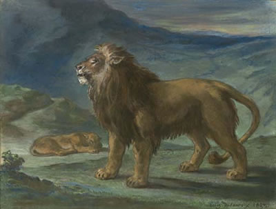 Eugene (Ferdinand Victor) Delacroix : Lion et lionne dans les montagnes