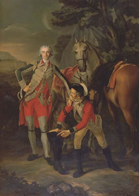 Louis Rolland Trinquesse : Portrait of Charles Grant, vicomte de Vaux, in uniform as a Lieutenant Colonel of the Garde du Roi, attended by his groom with their horses, a fortress beyond