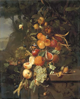 Jan Mortel : Peaches, apricots, grapes, oranges, blackberries, sheafs of corn and a pomegranate on a plinth with a sculpted relief, with butterflies, a snail and a ladybird, in a mountainous landscape