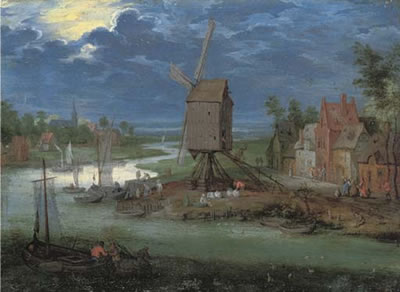 Pieter Gysels : River landscape with peasants by a landing-stage and a windmill