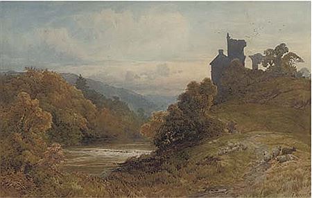 Frederick Mercer : Sheep grazing above a river landscape