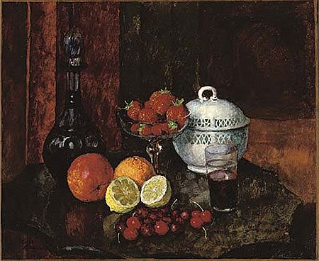 Ilya Ivanovich Mashkov : Still life with Strawberries, Cherries and a blue Decanter