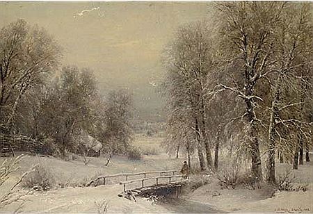 Ivan Augustovich Veltz : A winter landscape with a figure crossing a bridge