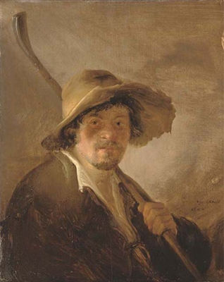 Isaac Van Ostade : A shepherd in a wide brimmed hat holding a crook