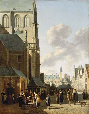 Gerrit Adriaenszoon Berckheyde : The Grote Markt, Haarlem, looking west, with St. Bavo's and the fish market, the Town Hall beyond