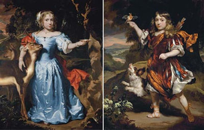 Nicolaes Maes : Portrait of a girl as Granida, in a blue silk dress and red mantle; Portrait of a boy, as Daifilo, in a red surcoat over a silver robe (a pair)