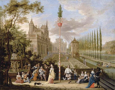 Pieter Gysels : Elegant company making music with a lady and a gentleman dancing around a maypole, a palace with an ornamental garden beyond