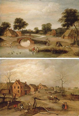 Jacob Grimmer : Summer: A landscape with peasants dipping sheep in a river; Winter: A village scene with peasants felling trees (a pair)