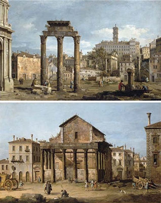 Bernardo Bellotto : Rome - The Forum with the Temple of Castor and Pollux; The Temple of Antoninus and Faustina in the Forum (a pair)