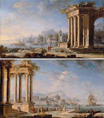 Gennaro Greco : Italianate coastal landscapes with figures by classical ruins and shipping off the shore