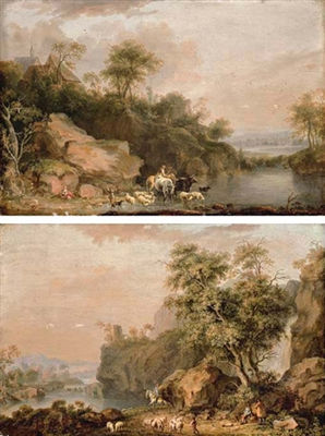 Balthasar Paul Ommeganck : A rocky river landscape with herdsmen (+ A rocky river landscape with travellers; pair)