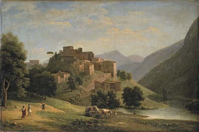 Jean-Victor Bertin : An Italianate mountainous river landscape with a hill-top town and an ox-drawn cart with figures