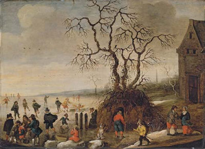 Frans de Momper : A frozen winter landscape with skaters