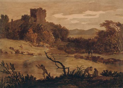 Alexander Cozens : A landscape with men bathing and a ruined tower beyond