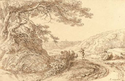 Gillis Neyts : A landscape with a large tree overhanging a track, a traveller and a seated woman to the right