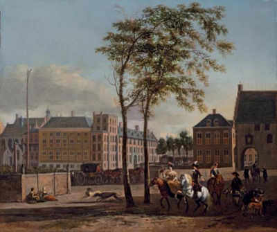 Gerrit Adriaenszoon Berckheyde : The Plaats with the Buitenhof and the Gevangenpoort, The Hague, with an elegant hawking party