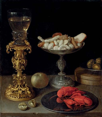 Jeremias van Winghe : A roemer on a silver-gilt bekerschroef, sweetmeats in a silver tazza, langoustines on a plate, walnuts and an apple on a table top