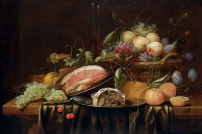 Joris Van Son : Ham and a sweetmeat pie on pewter plates, peaches, grapes, figs and plums in a basket, a bread roll, oranges, a sprig of cherries, a bunch of grapes, a façon-de-Venise glass and a spoon on a partly-draped table