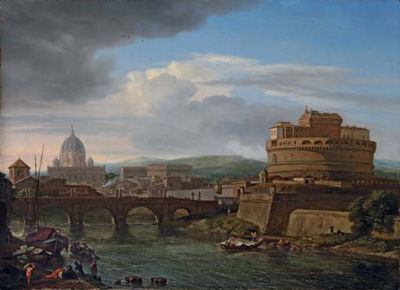 Isaac De Moucheron : A view of the Tiber, Rome, with the Castel Sant'Angelo and St. Peter's beyond