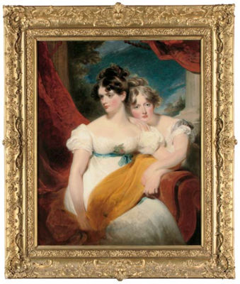 George Henry Harlow : Double portrait of Marianne Anna Maria Gooch (d. 1855) and Charlotte Matilda Gooch (d. 1852), three-quarter-length, one seated in a white dress with a blue sash and a yellow shawl across her lap, the other kneeling beside in a white dress, a red curtain a