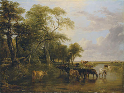 Frederick Richard Lee : A Woody River Scene, with Cows Watering