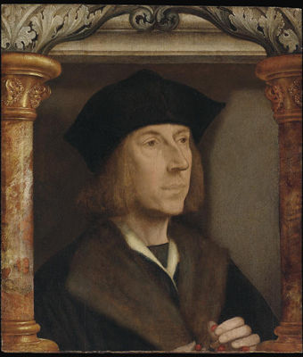 Quentin Matsys : Portrait of gentleman, bust-length, in a fur-lined coat, telling a rosary, set in an architectural surround