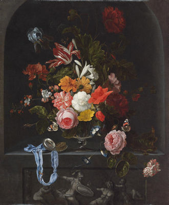 Ernst Stuven : A parrot tulip, an iris, poppies, roses and other flowers in a glass vase with a pocket-watch and two butterflies in a niche with a classical sculpted low relief