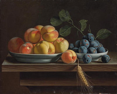 Jean Valette-Falgores : Peaches and plums in white porcelain bowls, with a sheaf of corn on a wooden table