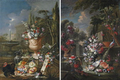 Gasparo Lopez : Tulips, roses, lily-of-the-valley and other flowers in an urn, with fruit in a porcelain bowl, a silver ewer and a turkey, a fountain and house beyond; and Tulips, roses, lily-of-the-valley and other flowers in an urn, with fruit by a porcelain bowl, an u