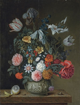 Herman Van Der Mijn : Roses, tulips, lilies, an iris and other flowers in a porcelain vase on a stone ledge, with partly-peeled lemon, a snail and other insects