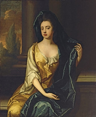 Michael Dahl : Portrait of a lady, traditionally identified as Frances Whitelocke (1614-1649), daughter of William, Lord Willoughby of Parham, three-quarter-length, in a yellow dress with a blue shawl, beside a column, a landscape beyond