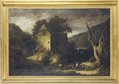 Benjamin Barker of Bath : A pastoral landscape with a watermill, figures and cattle in the foreground