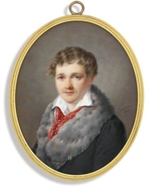 Andre Léon Larue : A young gentleman called Alexandre L[...], in fur-bordered bottle green coat, open white shirt and red checked scarf loosely knotted, fair hair and moustache