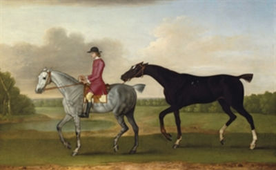 James Seymour : A liver chesnut racehorse led by a mounted groom in a wooded landscape