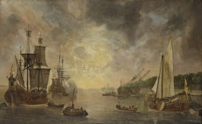 Lieve Verschuier : A harbour with a flute, a frigate firing a salute, a flute being careened and a States Yacht, with other shipping at sunset