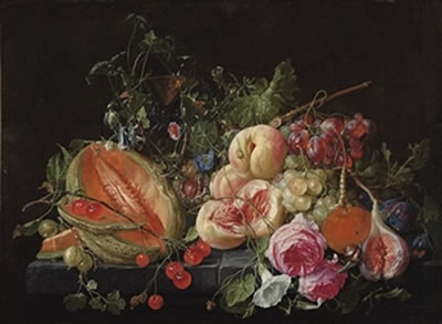 Cornelis De Heem : A cut melon, cherries, gooseberries, peaches, grapes, figs, plums, flowers, snails and insects on a stone ledge